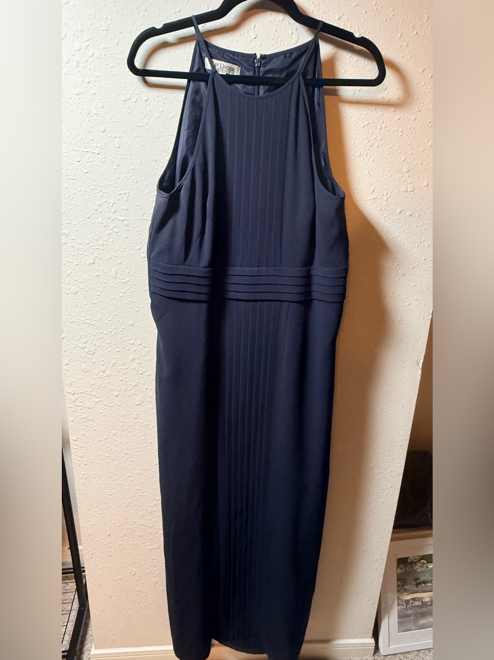 Kay Unger New York Navy Pleated Cocktail Dress Size 12 Sleeveless Midi Formal - Picture 2 of 10
